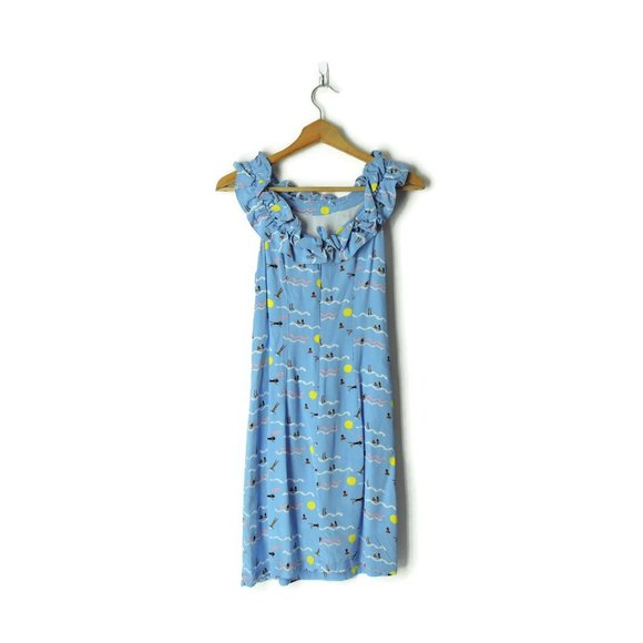Rare Larke Anthropologie ruffle dress blue cute summer fun print 2XS petite - Picture 5 of 13